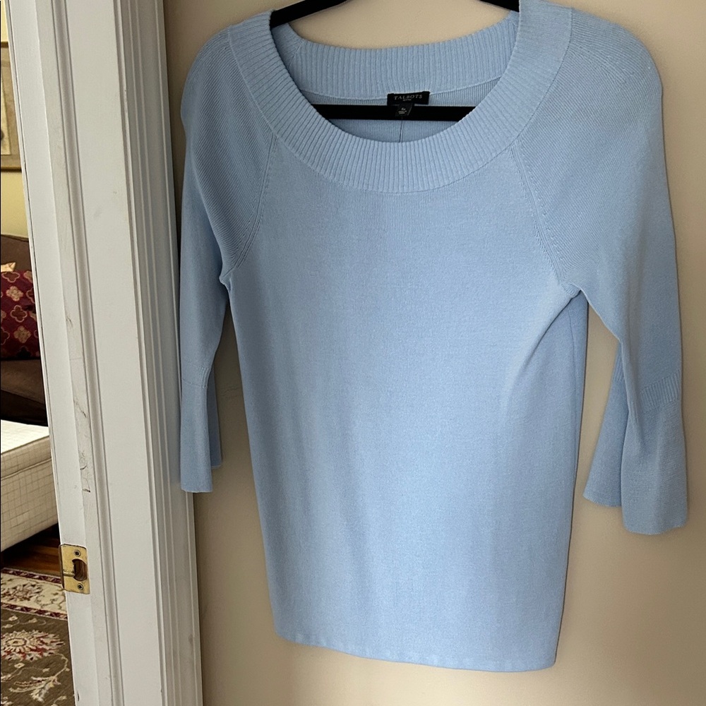 Talbots Soft Sky Blue Women's Cotton Blend Sweater with 3/4 flare sleeves.